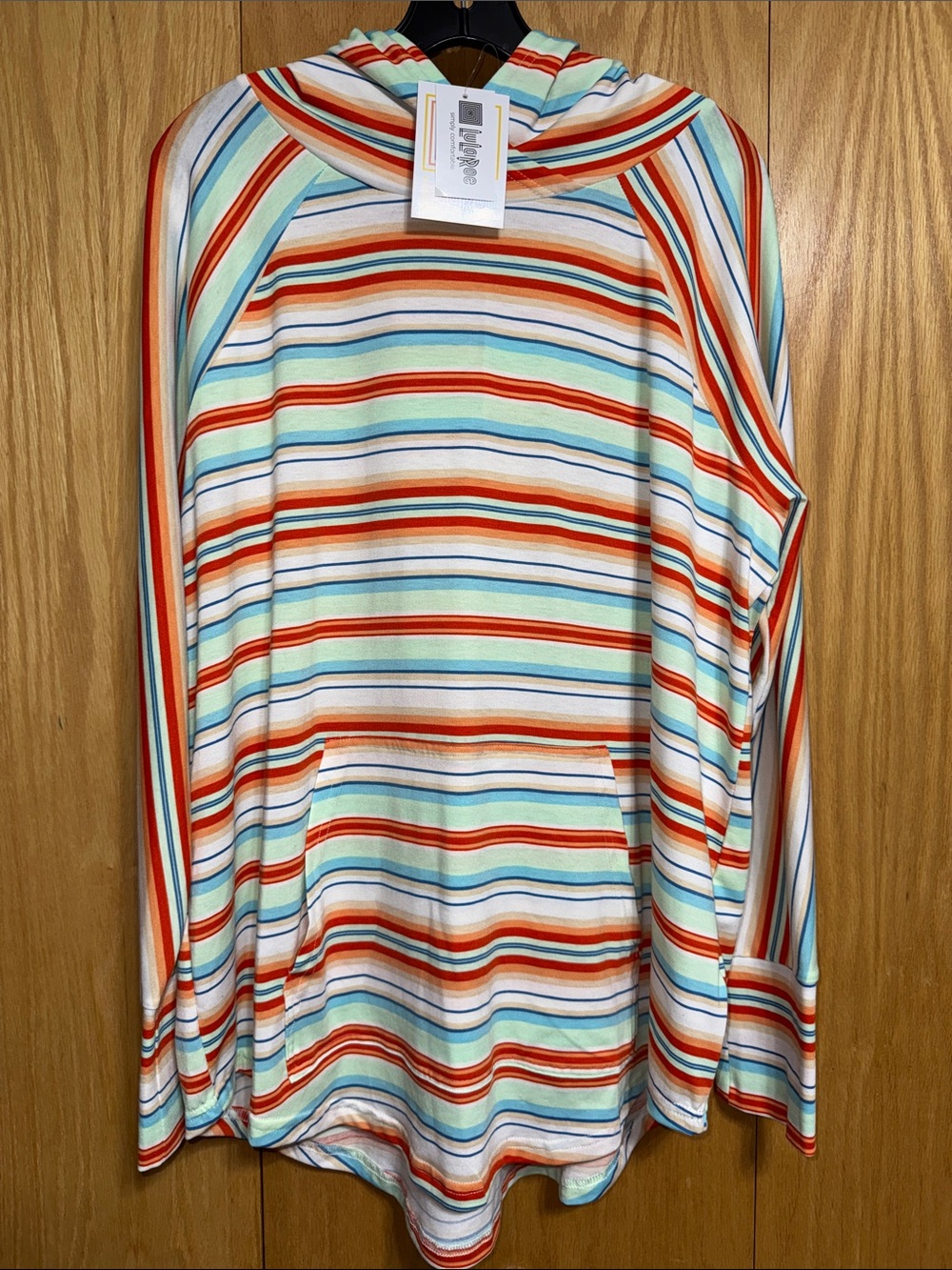 LuLaRoe Amber Striped Hoodie in Orange, Teal, Blue, Cream
